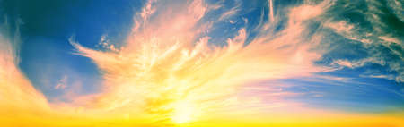 Panorama of colorful alien dramatic skyの写真素材
