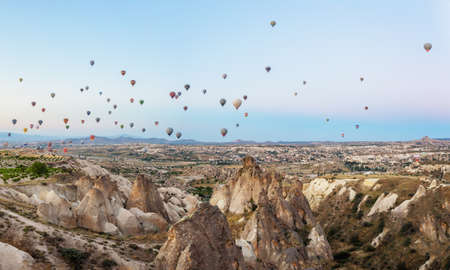 Hot air balloons in the blue sky over Cappadociaの写真素材