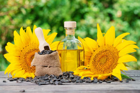 Bottle of sunflower oil and sunflower with seeds on wooden tableの写真素材