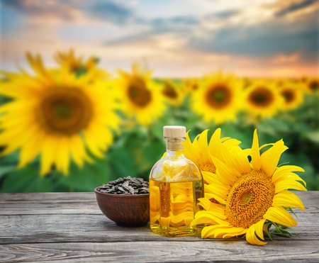 Sunflower oil in bottle and seeds with sunflower flowersの写真素材