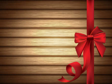 Red Silky Bow with Ribbon over Wooden Backgroundのイラスト素材