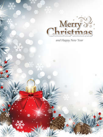 Christmas Background with Red Shiny Ornament laying in the Snow among Fir Branches, Berries and Pine Conesのイラスト素材