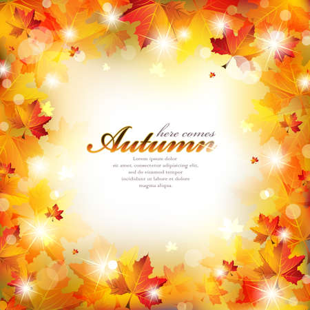 Autumn Frame with Colorful Leaves, Sparkling Stars and Defocused Light on a Blurred Backgroundのイラスト素材