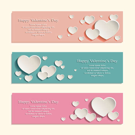 Vector illustration of three abstract Valentine's banners in retro style with cute white hearts on a beige backgroundのイラスト素材