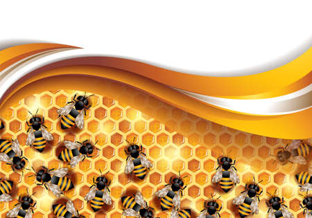 Vector illustration of an abstract background with working bees crawling on honeycomb and space for textのイラスト素材