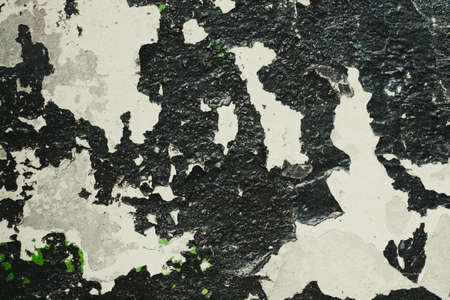 Texture of a black shade of cracked paint on a concrete wallの写真素材