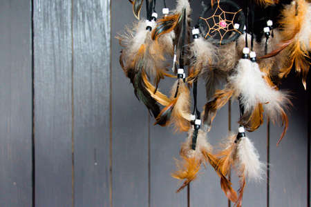 The dream catcher is made of feathers suspended in the air. Beautiful feathers of bright color are attached to each other.の写真素材