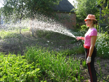 The girl watering a kitchen garden in the countryの写真素材