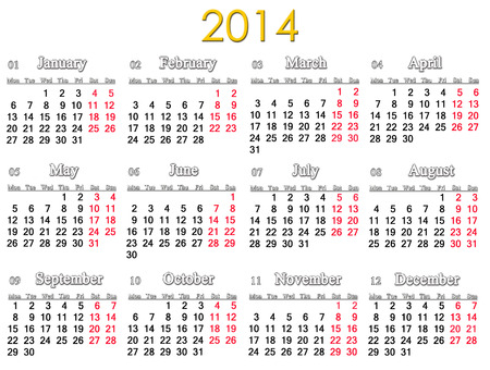 simple and accurate calendar for 2014 year isolated on whiteの写真素材
