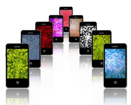 many modern mobile phones with different abstract texturesの写真素材