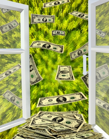 opened window to the green abstract image and flying away dollarsの写真素材