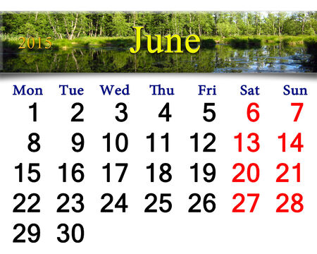 calendar for June of 2015 year on the background of forest lakeの写真素材