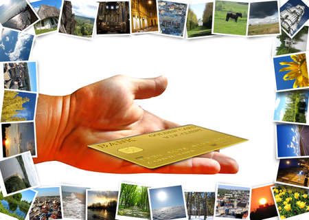 hand with credit card and frame from many different photoの写真素材