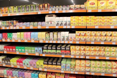 shop with a lot of tea packets on the shelvesのeditorial素材