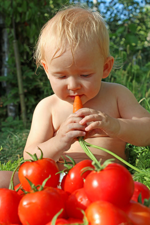 baby eats  carrot and tomatoes besides of heap of tomatoes and carrotsの写真素材