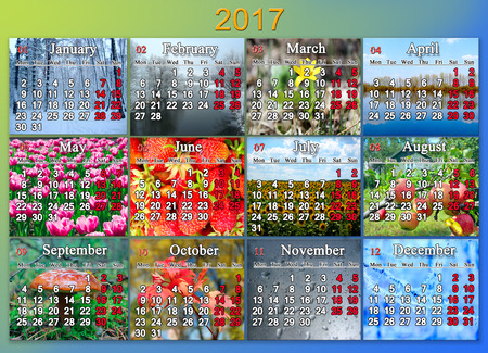 calendar for 2017 in English with photo of nature for every monthの写真素材