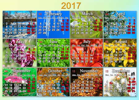 calendar for 2017 in English with photo of nature for every monthの写真素材