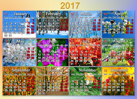 calendar for 2017 in English with photo of nature for every month