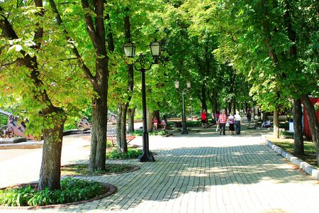 people walk on the wide footpath in the summer park with big green treesのeditorial素材