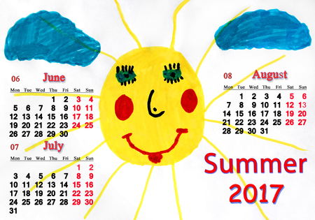 calendar for summer of 7 with children's drawing with funny sun and cloudsの写真素材