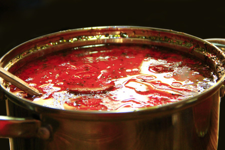 borsch fresh Ukrainian red. full pan of delicious red borsch with scoopの写真素材