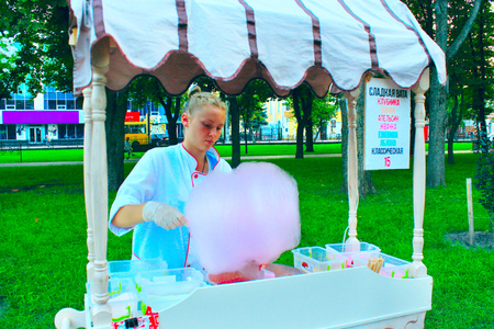 The girl sells the sweet cotton wool in the city parkのeditorial素材