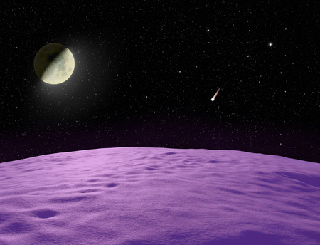 Moon shining in space full of stars over violet unknown planet. Space landscape. Ultraviolet color...
