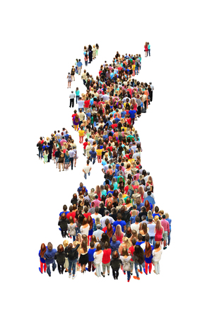 Colored map of Great Britain from people. Crowd of people standing in shape of map of Great Britain. People making map of Great Britainの写真素材