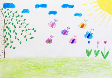 Bright summer. Childish drawing of clearing with flowers rainbow and butterflies. Childish art. Artwork drawn by pencils.の写真素材