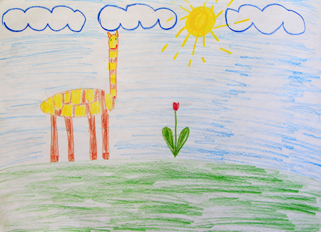 Children's drawing with giraffe, which is grazed on lawn in summer. Funny drawing of child with giraffe on meadow. Bright summer. Artwork drawn by watercolors. Drawing water colorの写真素材