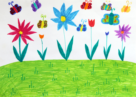 Colored children's drawing with butterflies and flowers on meadow. Kid's drawing with colorful flowers. Summer by eyes of children. Childish drawing. Childish artの写真素材