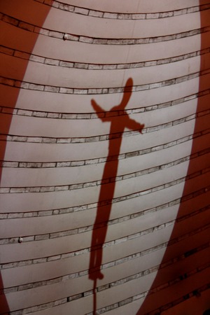 Silhouette of gymnast on wall. Shadow of gymnast of balancing actor performing number high above...