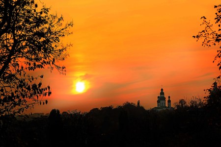 Orange sunset with beautiful evening landscape. Panorama with silhouettes of branch of trees and...