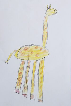 Children's drawing with giraffe on white background. Funny drawing. Artwork drawn by pencils. Drawing with pencilsの写真素材