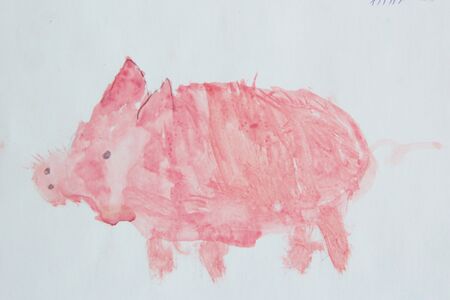 Child's drawing of pink pig made by water color. Funny drawing of baby with pink pig. Pink pig on white background. Amusing piglet drawn by childの写真素材