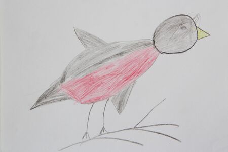 Childish drawing with funny bird sitting on branch. Children artの写真素材