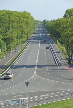 Panorama of highway with green trees and bushes on sidelines. Beautiful road and trees on sides....