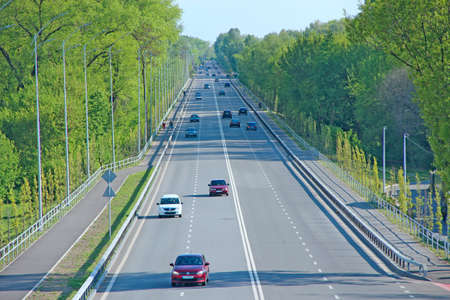 Panorama of highway with green trees and bushes on sidelines. Beautiful road and trees on sides....