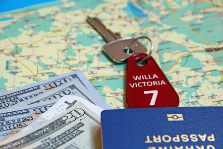 money passport and villa keys. Travel concept. Things for travel. Everything you need for vacation....