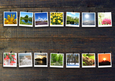Different photos in two rows on black wooden background. Photographs of life. Photographs of nature. Photography as hobby. Photo isolatedの写真素材