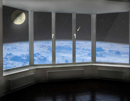 Room window with view to space above Earth's atmosphere Moon comet and starry cosmos. Cozy room with cosmic panorama from window. Blue sky over Earth seen from windowの写真素材