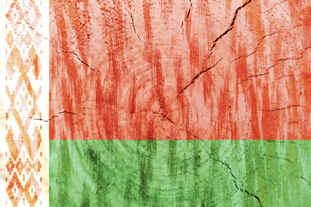 Belarus flag printed on linen fabric. National flag of Belarus. Belorussian national flag on canvas. Belorussian flag on textured background. Belorussian symbol on cracked surfaceの写真素材