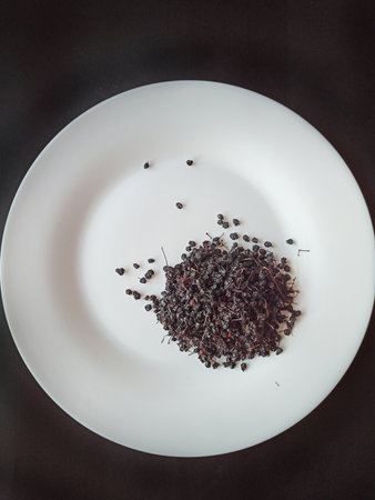 Dried elderberries on white plate. Dried elderberry berries on white plate. Herbal medicine. Useful berries of black elderberry on plate on black background. Herbal plantsの写真素材