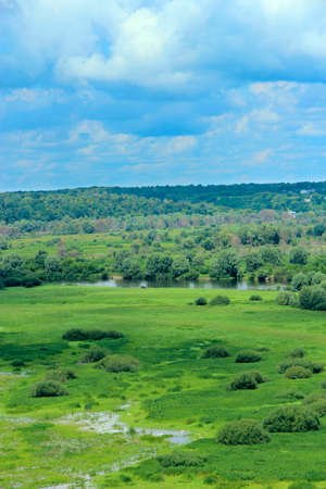 Panoramic landscape. Beautiful landscape on river and swamp from bird's eye view. Natural landscape....