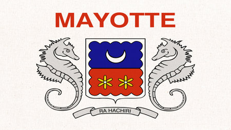 Flag of Mayotte. flag of Mayotte island on fabric surface. Mayotte symbol on textured background. fabric texture. island country. 3D illustration. overseas departmentの写真素材