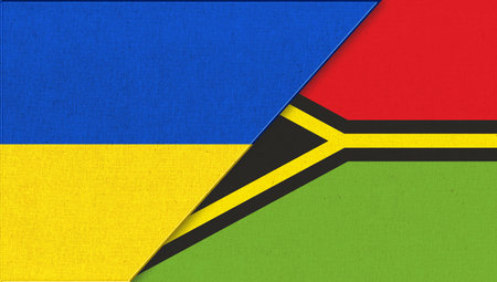 Flag of Ukraine and Vanuatu - 3D illustration. Two Flags Together - Fabric Texture. National Symbols of Ukraine and Vanuatu. two countries. Flag of Vanuatuの写真素材
