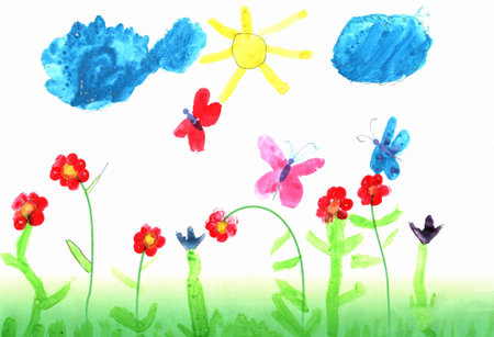 bright summer. Childish drawing of clearing with flowers rainbow and butterflies. childish art. Artwork drawn by pencilsの写真素材