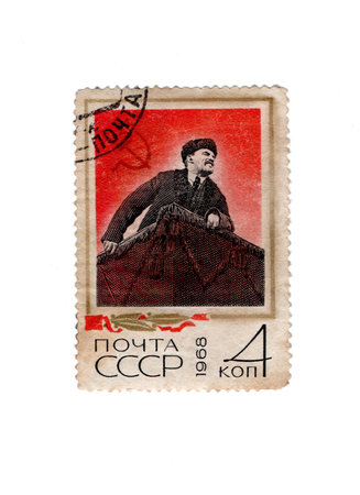 USSR - CIRCA 1968: Vintage stamp dedicated to Vladimir Lenin. Leader of Soviet proletariat and Communist party of USSR. History of USSR. Historic Soviet stamp isolated. political concept.のeditorial素材