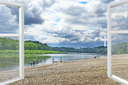 Bedroom window overlooking the river and the beach. Open window with nature view. landscape from the...