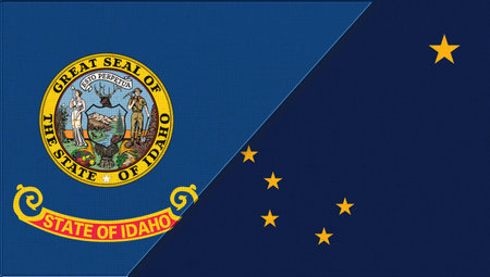 sports competition. sports match between Idaho and Alaska. Sports competition. Flags of Idaho and Alaska. Doudle flags of Idaho and Alaska on fabric surface. symbols of states on fabric textureの写真素材